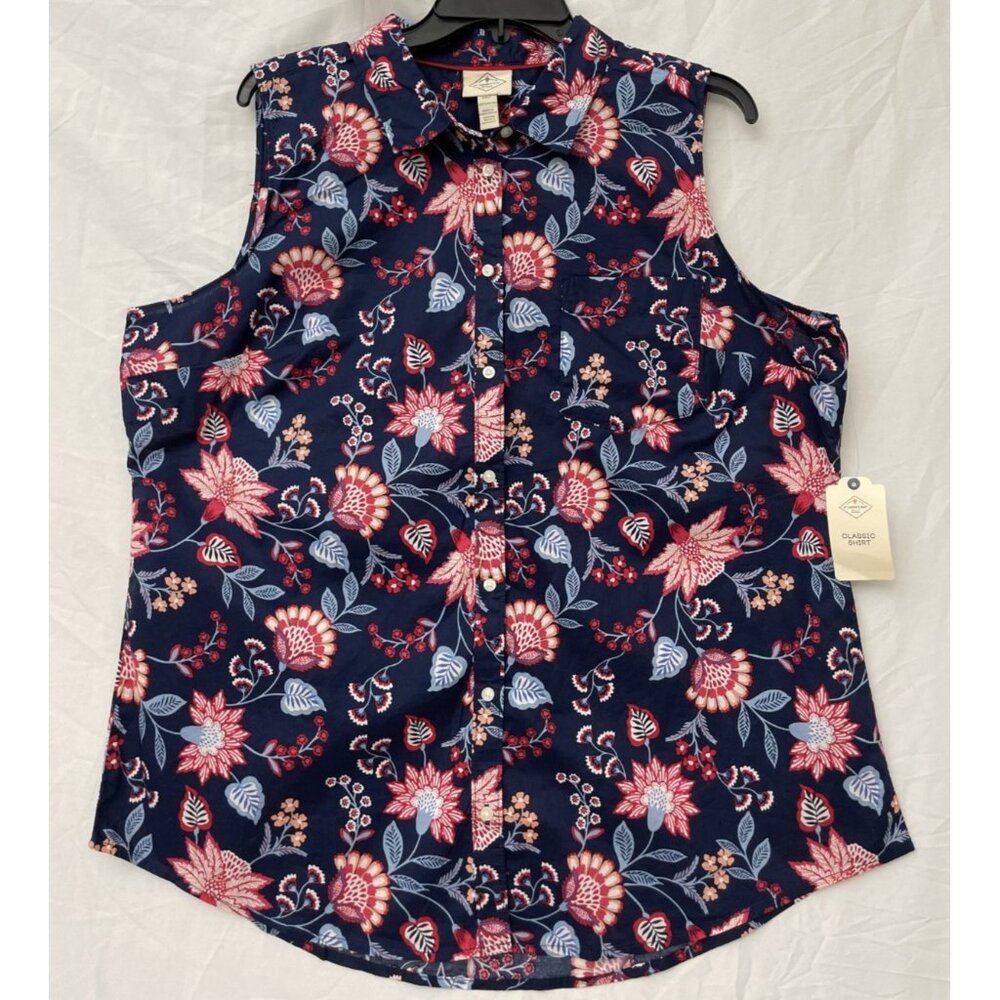 St Johns Bay Navy Red Floral Tank Top Button Women's Size 2XL NWT Pocket Vintage